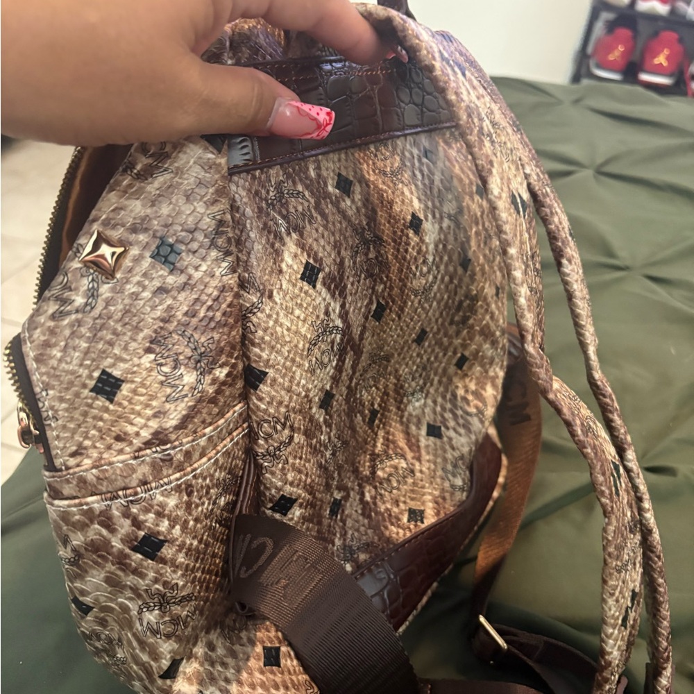 MCM Brown Snakeskin-Print Studded Backpack with Gold Hardware - Picture 7 of 11